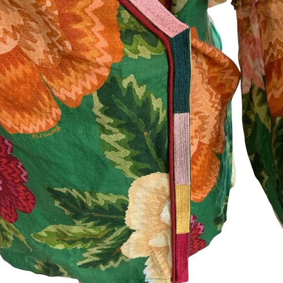 Farm Rio x Anthropologie Puff Sleeve Wrap Top Belted Tropical Colorful Large New - Picture 10 of 16